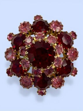 VTG Estate Brooch Deep Ruby Red Pink Rhinestones Prong Set Round Domed Designer